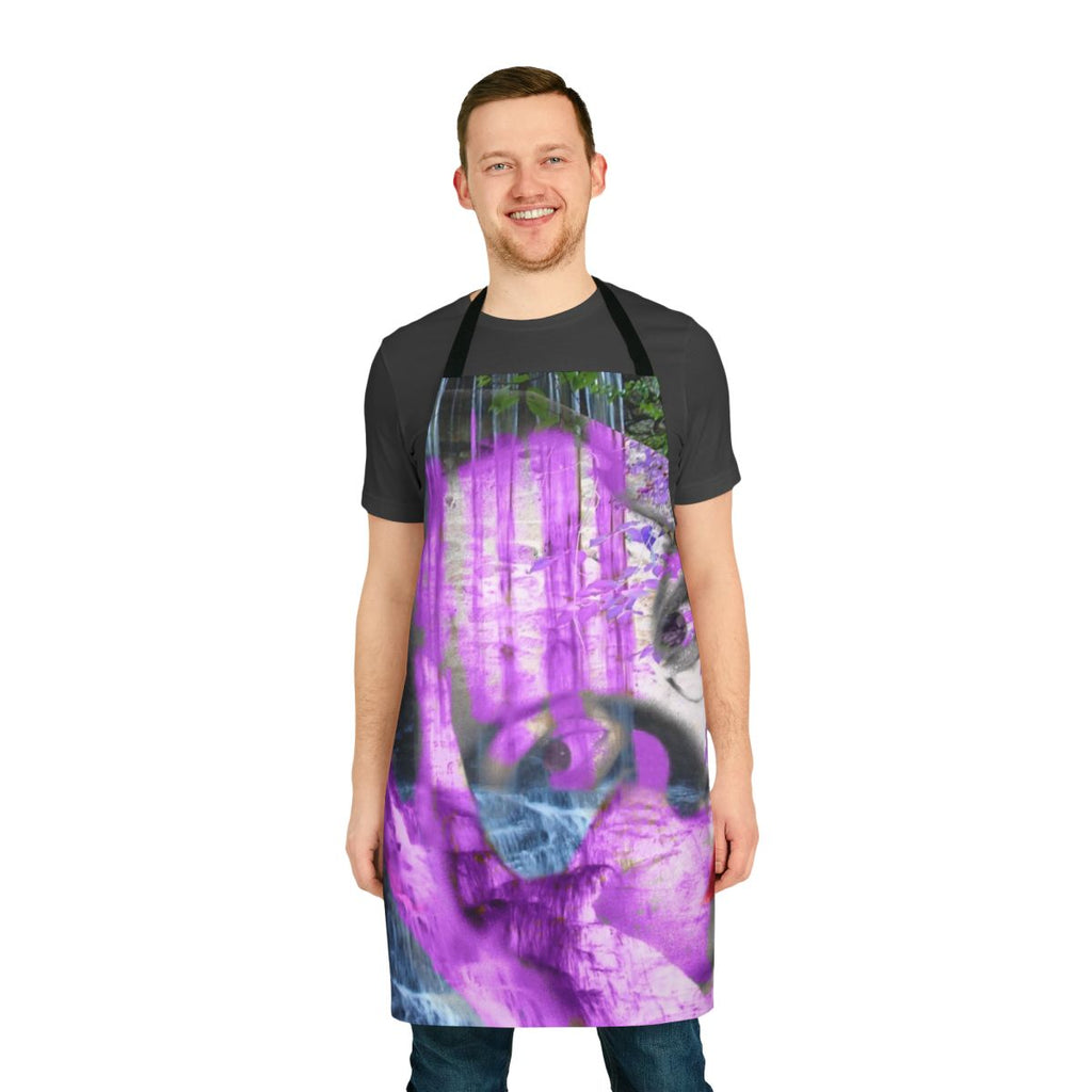 Vibrant waterfall-themed apron with abstract, surreal patterns