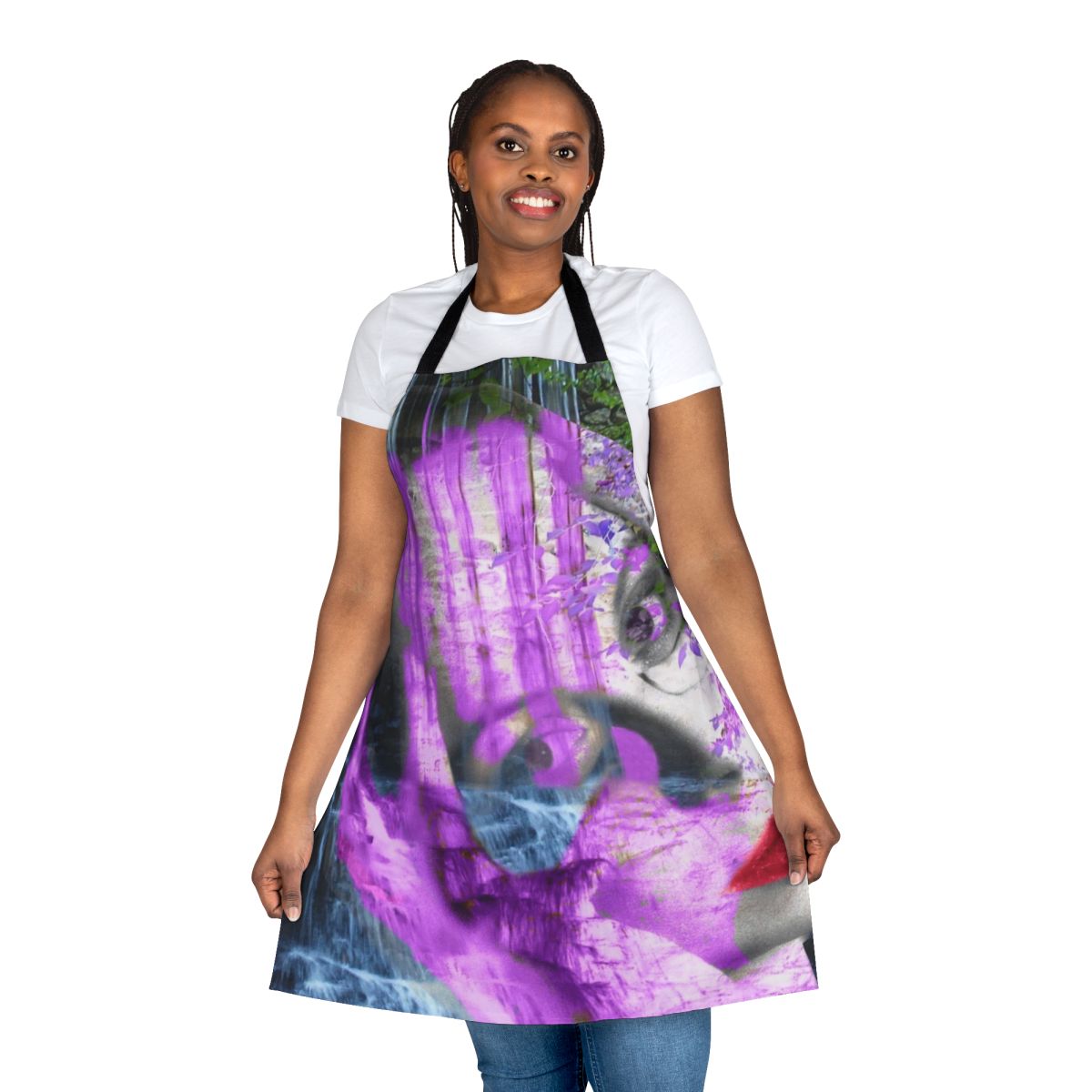 Vibrant waterfall-themed apron with abstract, surreal patterns