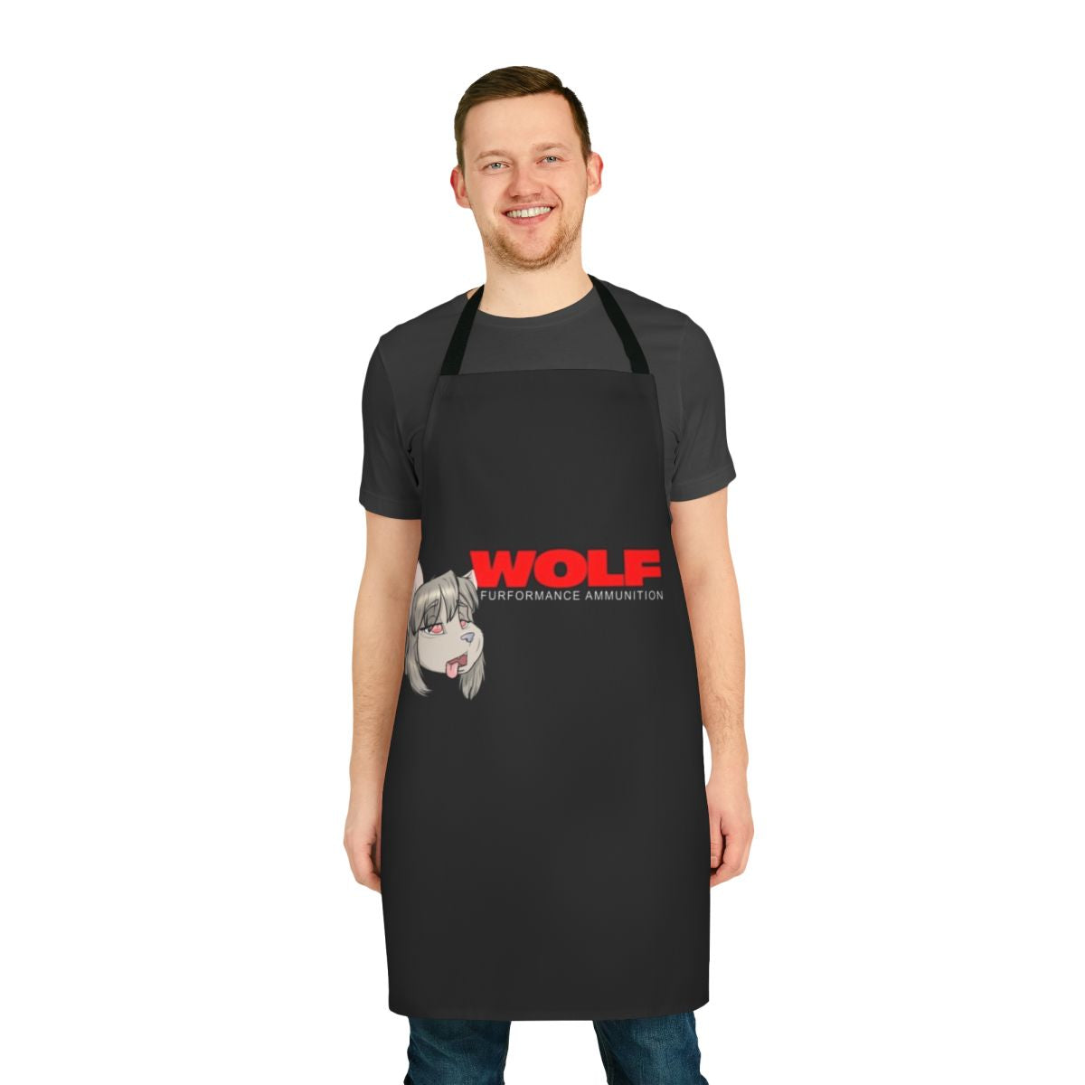 A colorful apron featuring a wolf design, perfect for cooking and baking.