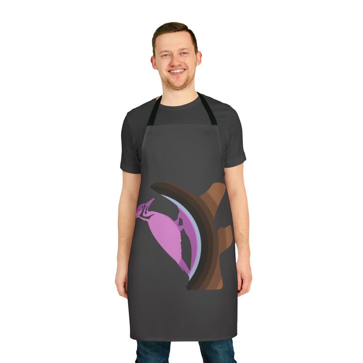 Vibrant illustration of a woodpecker and other legendary animals on a high-quality apron