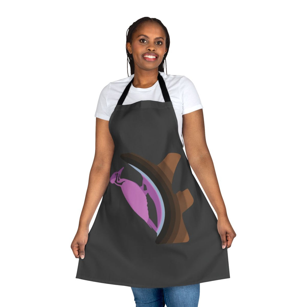Vibrant illustration of a woodpecker and other legendary animals on a high-quality apron