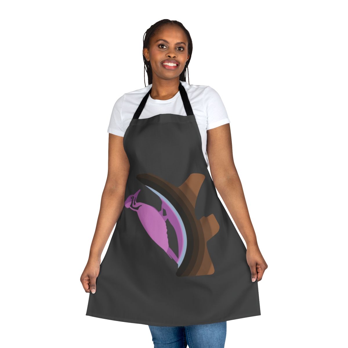 Vibrant illustration of a woodpecker and other legendary animals on a high-quality apron