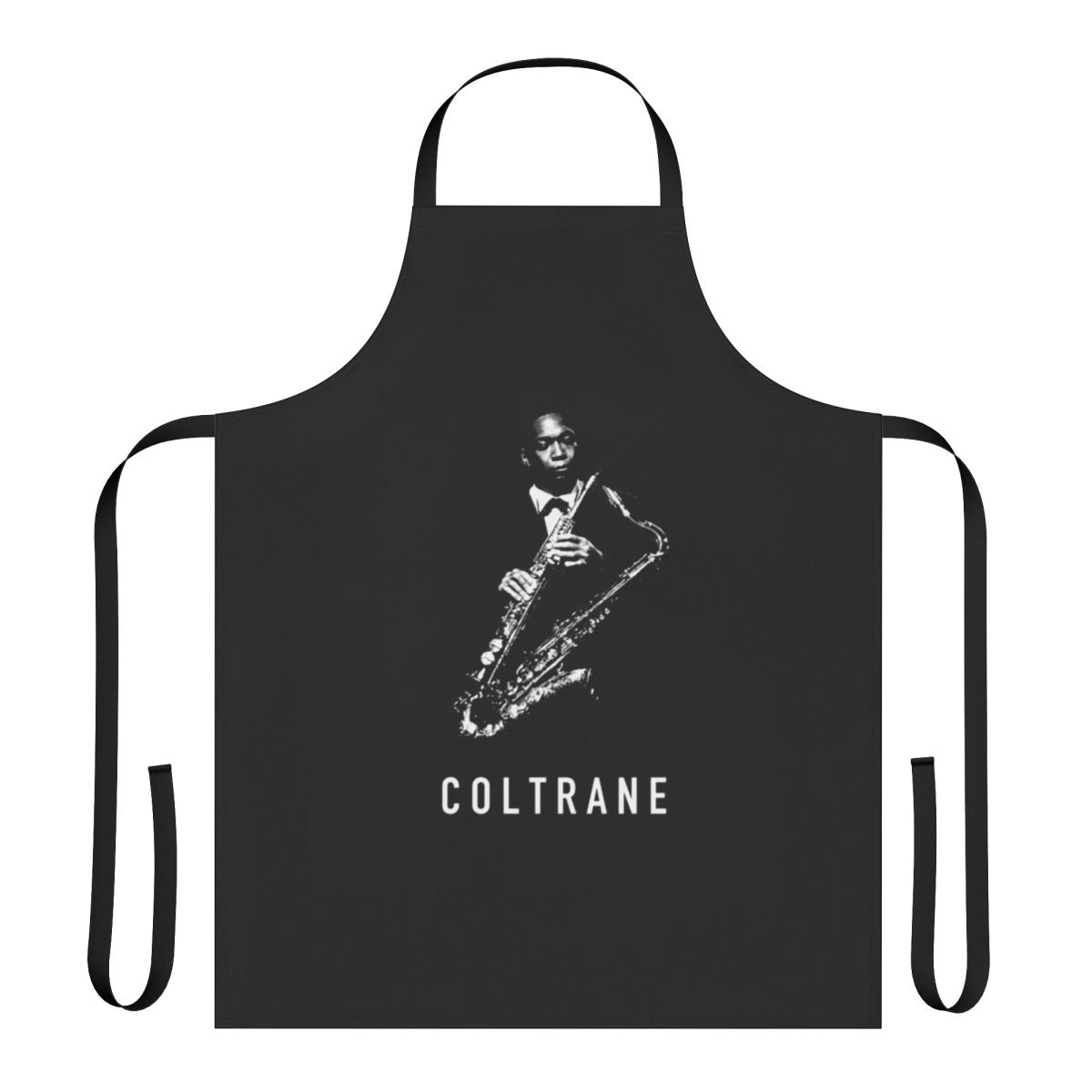 Coltrane saxophone-themed apron featuring a jazz musician playing the saxophone