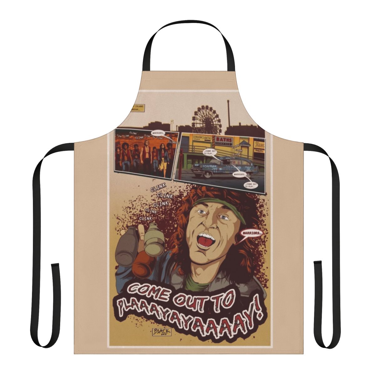 "Come Out and Play" themed apron featuring retro comic-style artwork inspired by the cult classic movie "The Warriors"