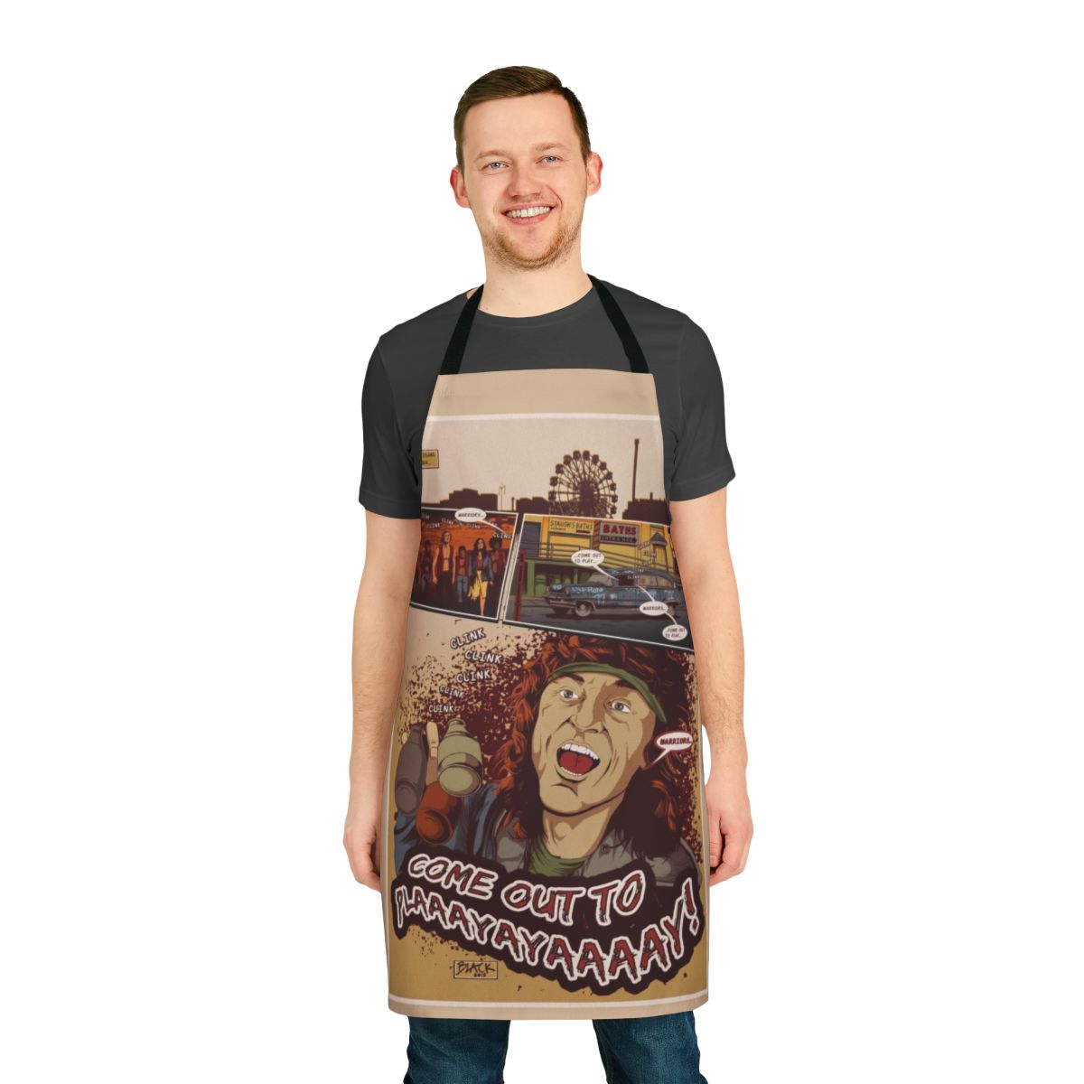 "Come Out and Play" themed apron featuring retro comic-style artwork inspired by the cult classic movie "The Warriors"