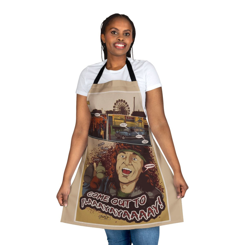 "Come Out and Play" themed apron featuring retro comic-style artwork inspired by the cult classic movie "The Warriors"