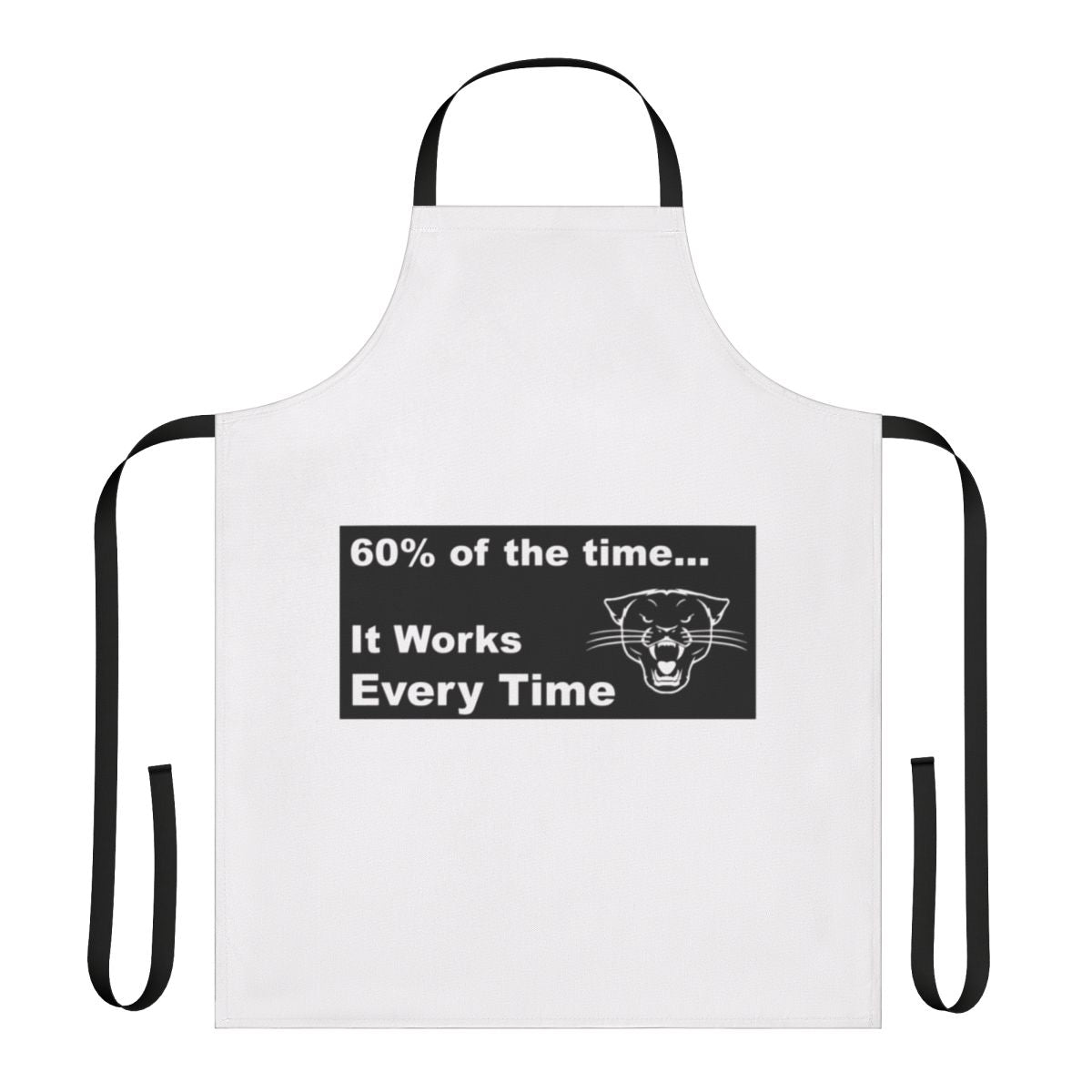 Comedic anchorman inspired apron featuring the Sex Panther logo and Ron Burgundy's signature look.