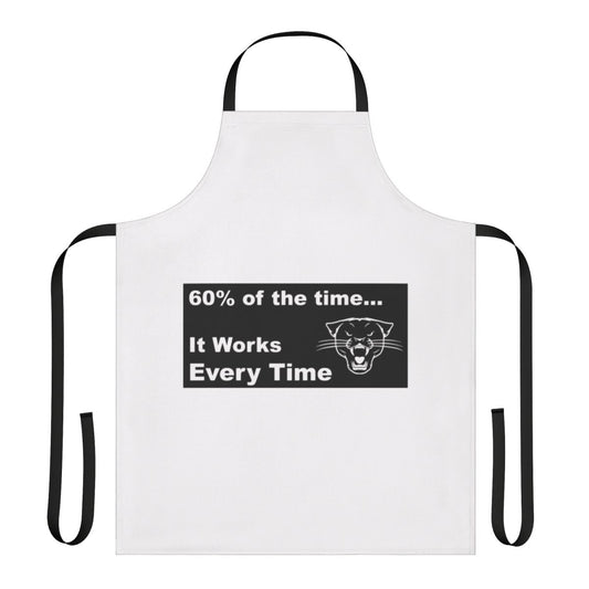 Comedic anchorman inspired apron featuring the Sex Panther logo and Ron Burgundy's signature look.