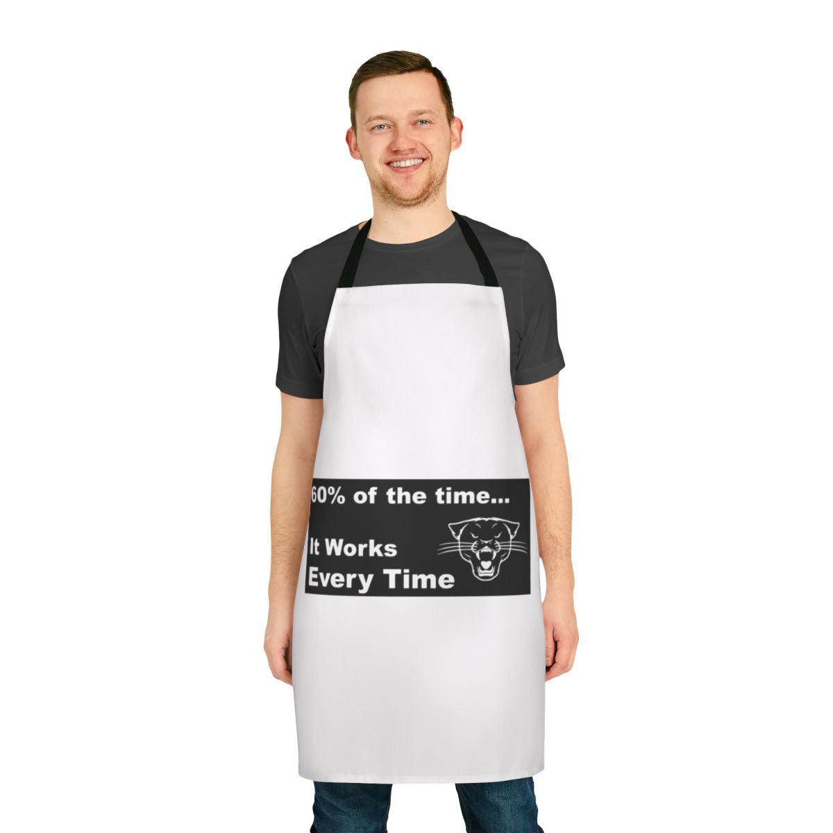 Comedic anchorman inspired apron featuring the Sex Panther logo and Ron Burgundy's signature look.