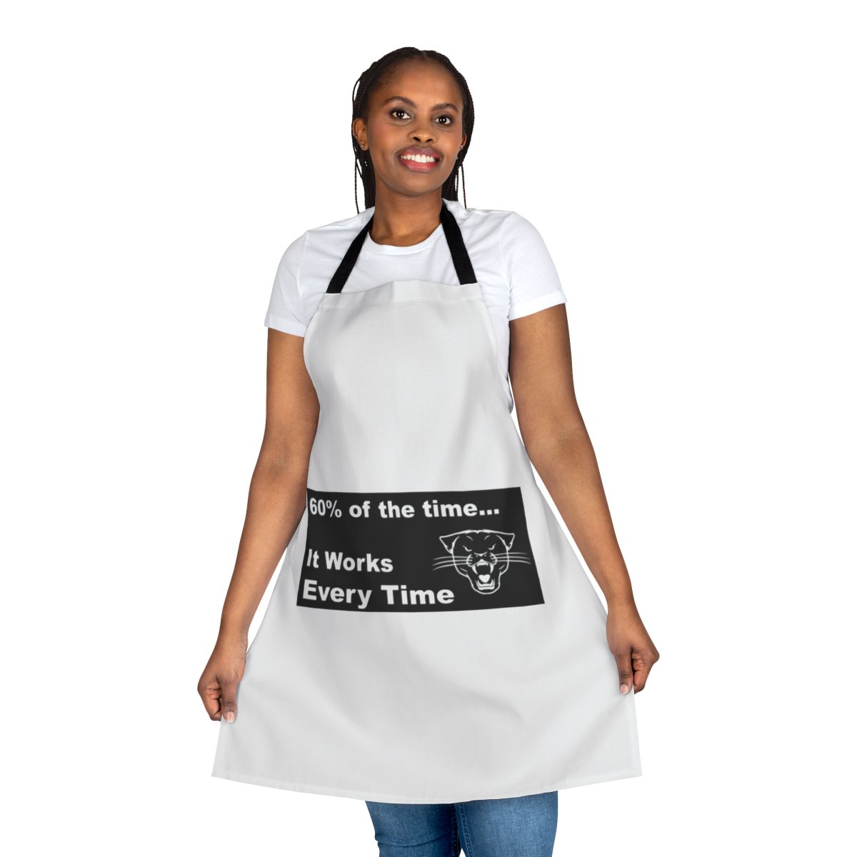 Comedic anchorman inspired apron featuring the Sex Panther logo and Ron Burgundy's signature look.