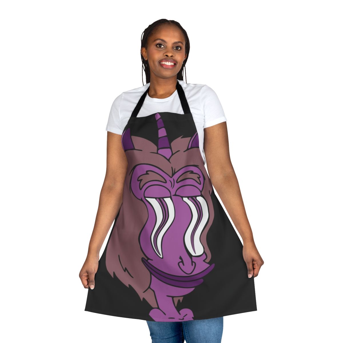A Big Mouth-inspired apron featuring the Hormone Monster character