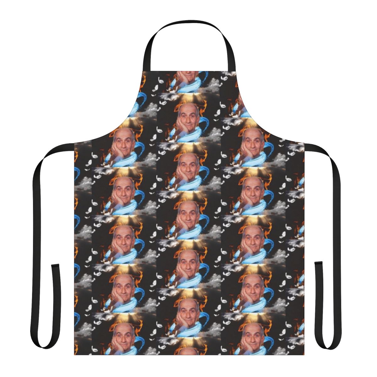 A high-quality apron featuring a portrait of the renowned French actor Louis de Funes, known for his roles in classic comedy films.