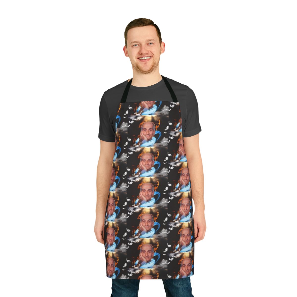 A high-quality apron featuring a portrait of the renowned French actor Louis de Funes, known for his roles in classic comedy films.