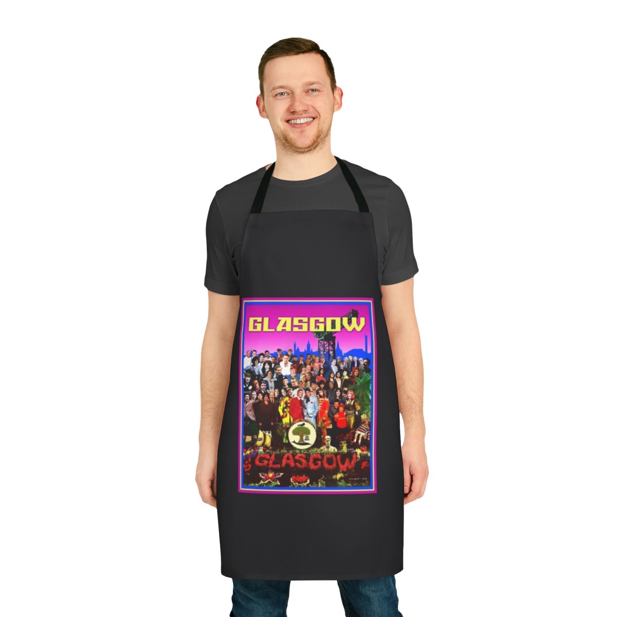 A Glasgow-themed apron with a humorous design, perfect for Scottish comedy fans in the kitchen.