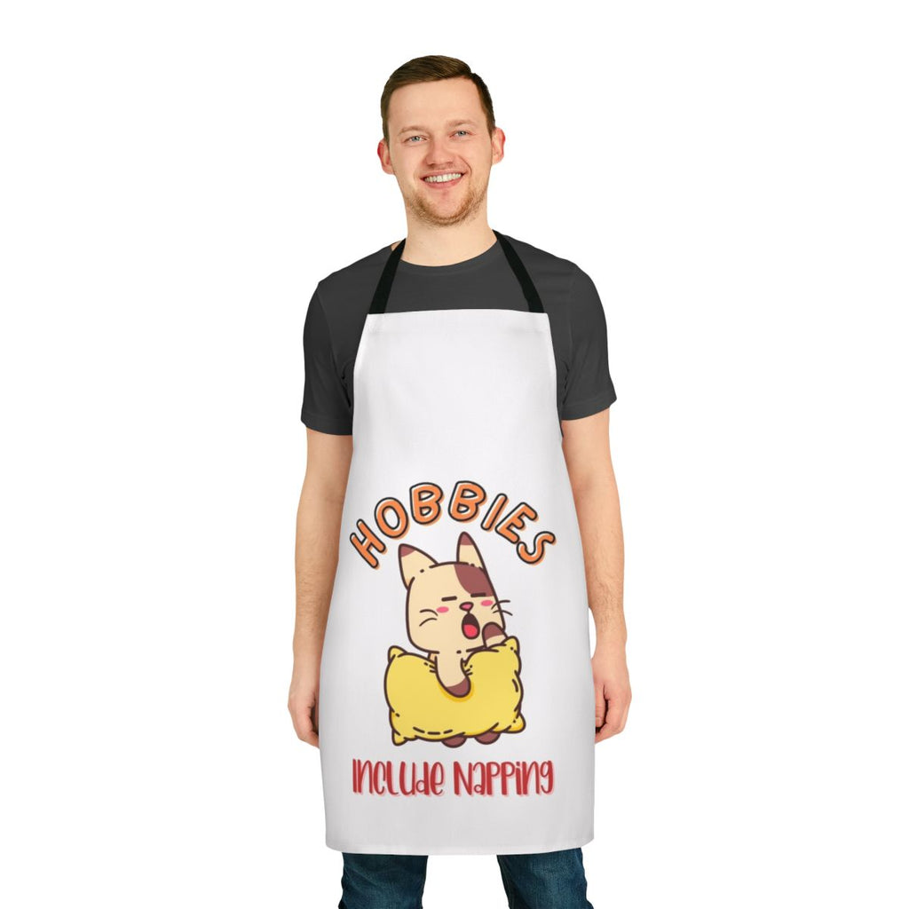 A high-quality apron featuring the text "Hobbies Include Napping"