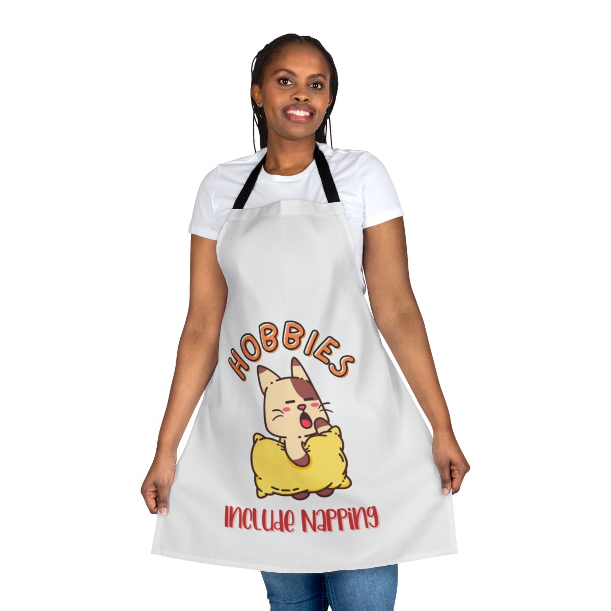 A high-quality apron featuring the text "Hobbies Include Napping"