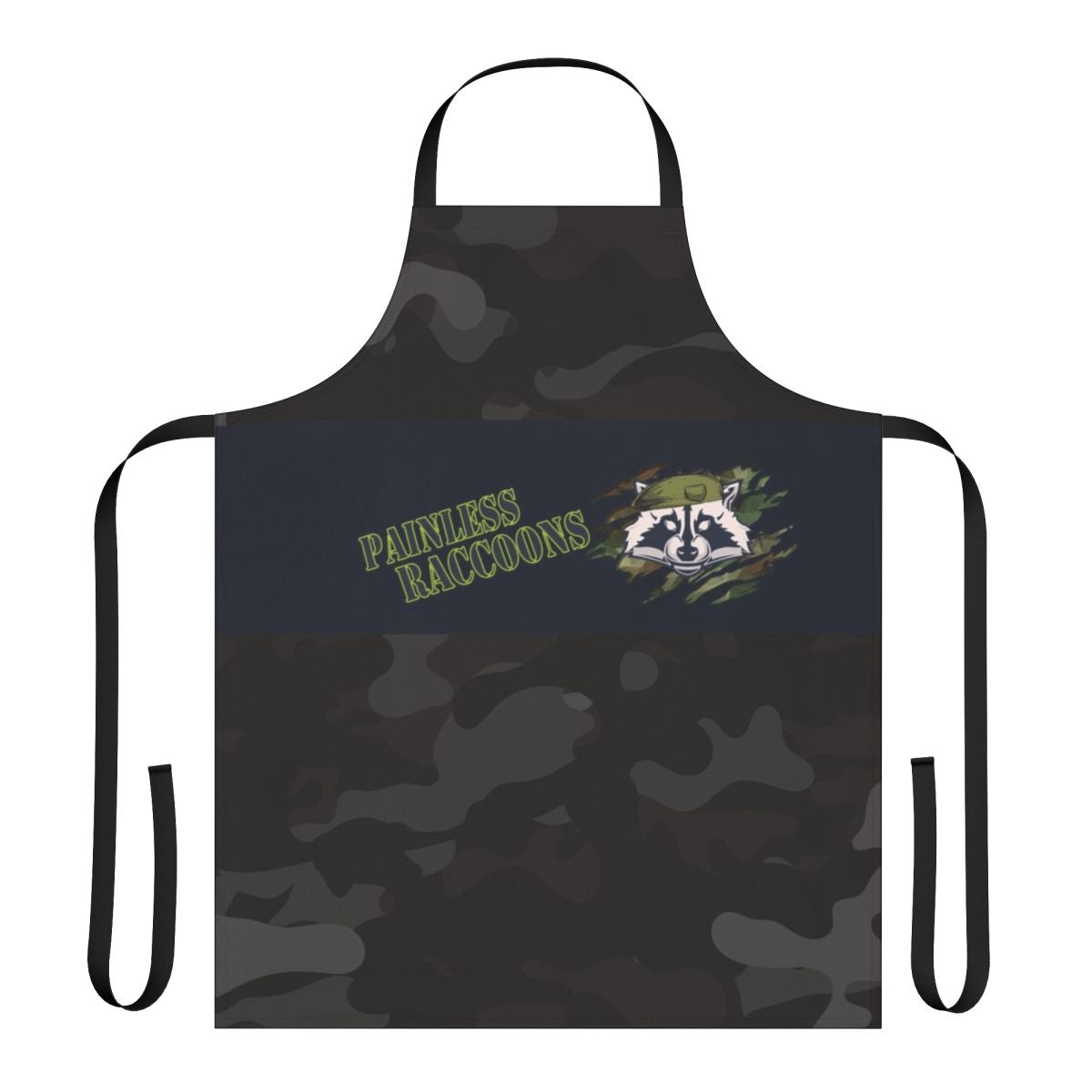 A comfortable apron featuring a raccoon running design