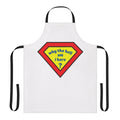 A colorful apron featuring a confused-looking superhero character, perfect for comic book and superhero fans.