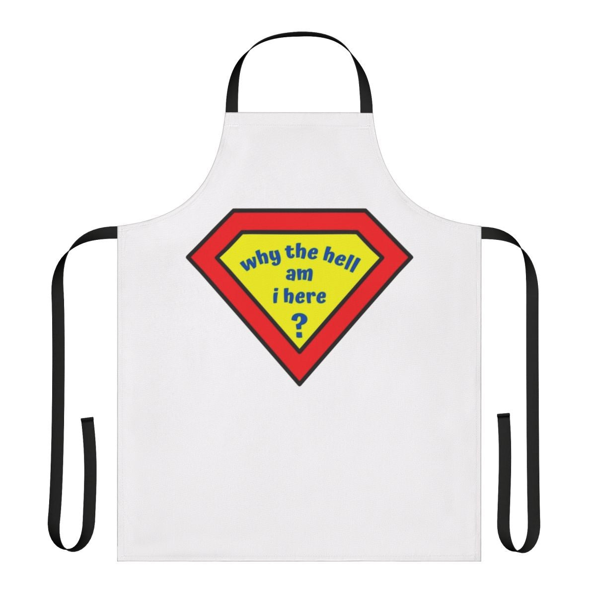 A colorful apron featuring a confused-looking superhero character, perfect for comic book and superhero fans.