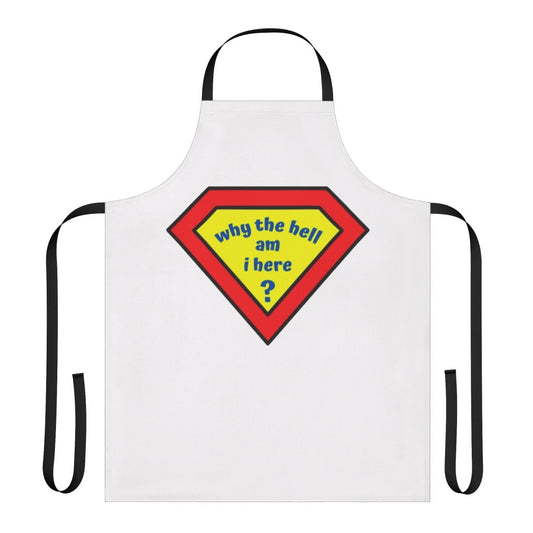 A colorful apron featuring a confused-looking superhero character, perfect for comic book and superhero fans.