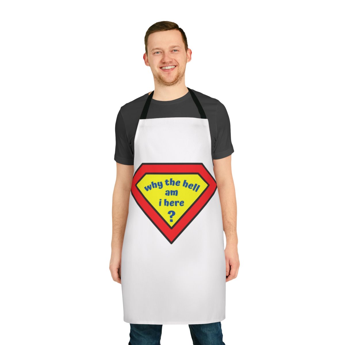 A colorful apron featuring a confused-looking superhero character, perfect for comic book and superhero fans.