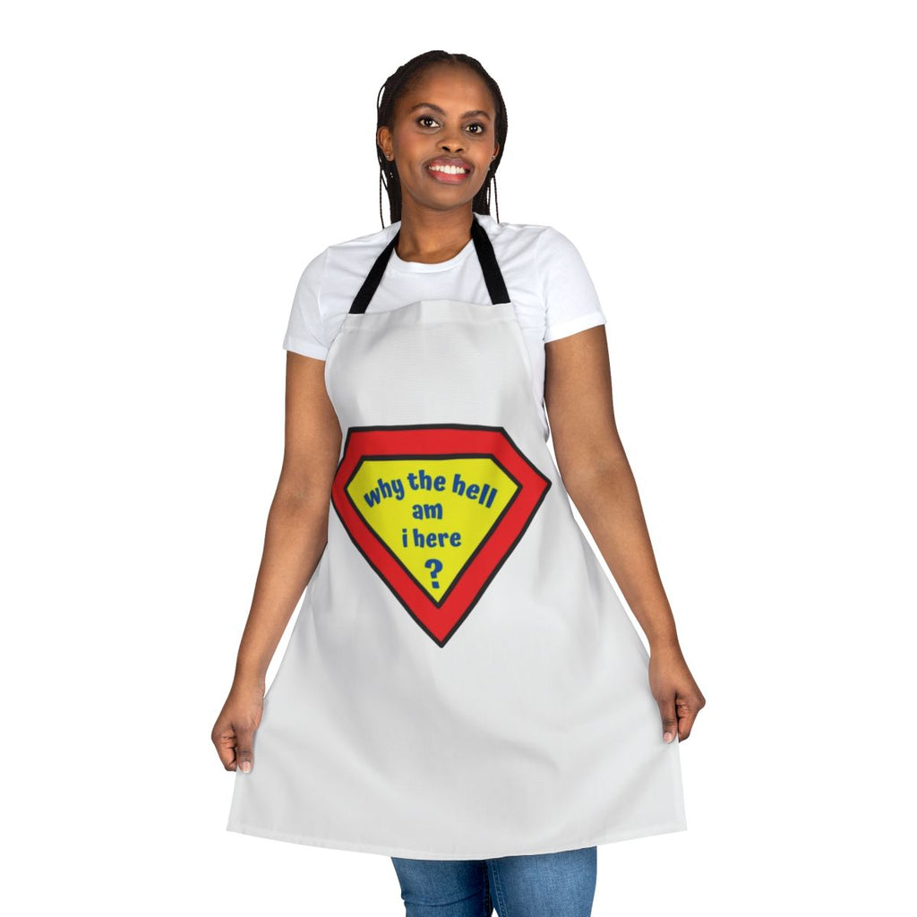 A colorful apron featuring a confused-looking superhero character, perfect for comic book and superhero fans.