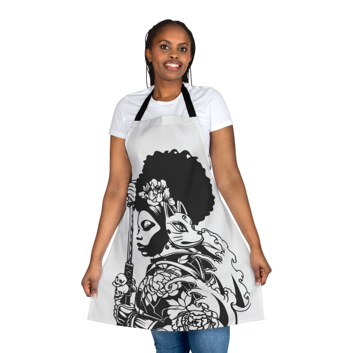 Apron featuring the image of Afua Asantewaa, a prominent historical figure from Africa