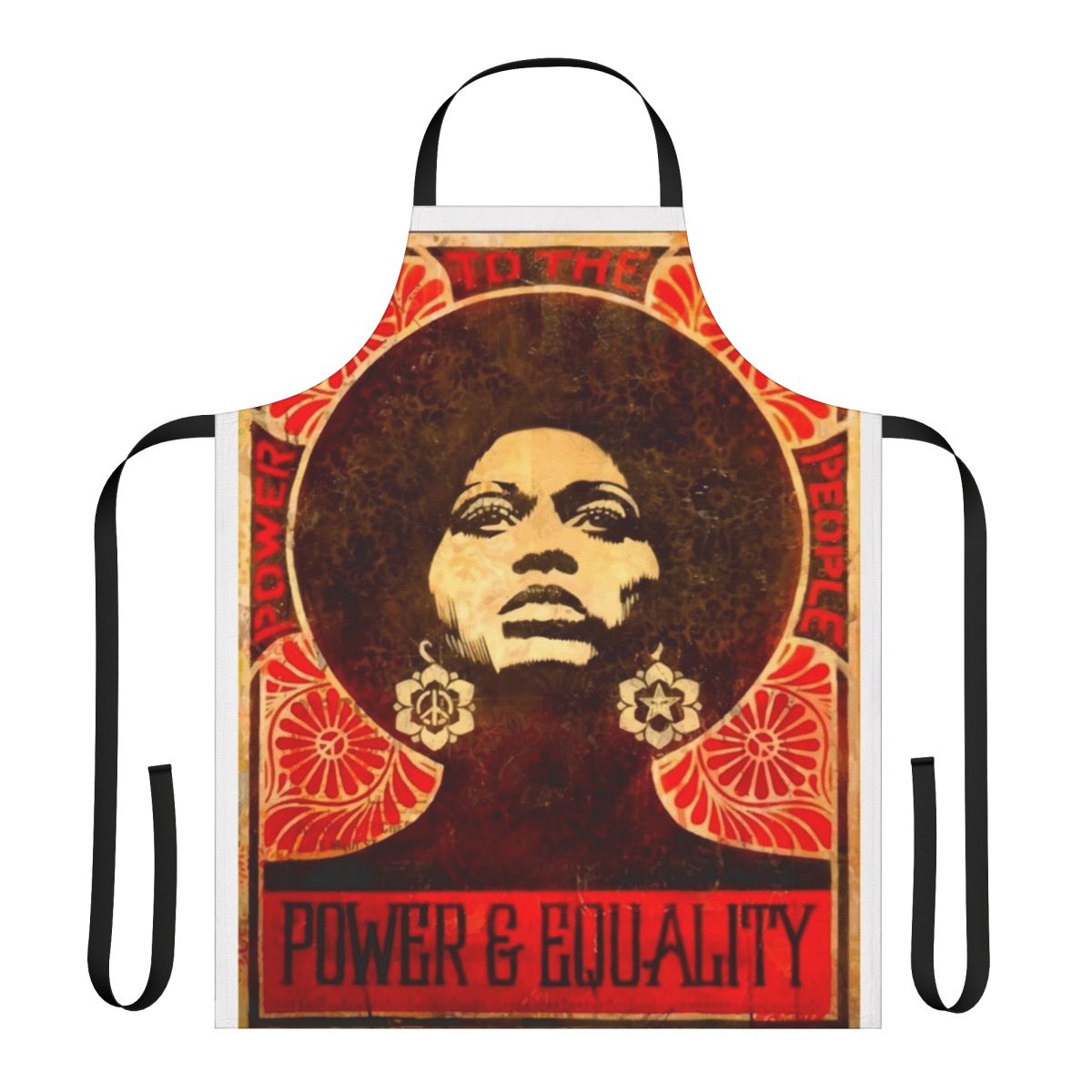 An apron featuring a vintage-style illustration of Angela Davis, a prominent figure in the Black Panther Party and the Black Power movement.