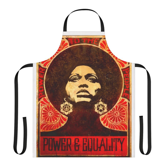 An apron featuring a vintage-style illustration of Angela Davis, a prominent figure in the Black Panther Party and the Black Power movement.