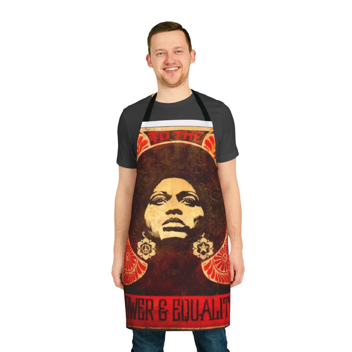 An apron featuring a vintage-style illustration of Angela Davis, a prominent figure in the Black Panther Party and the Black Power movement.