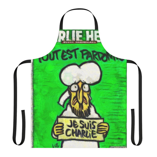An apron featuring a tribute design for the 2015 Charlie Hebdo terrorist attack in France.