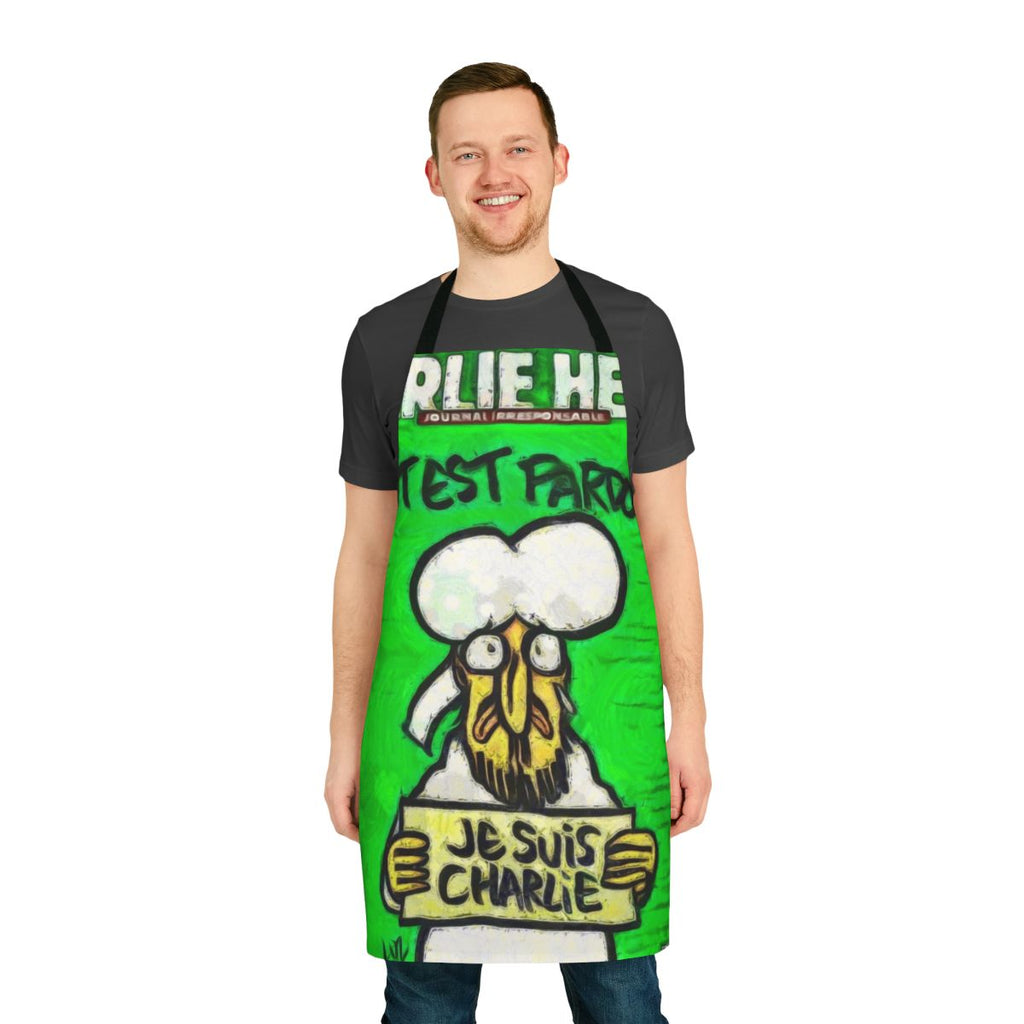 An apron featuring a tribute design for the 2015 Charlie Hebdo terrorist attack in France.