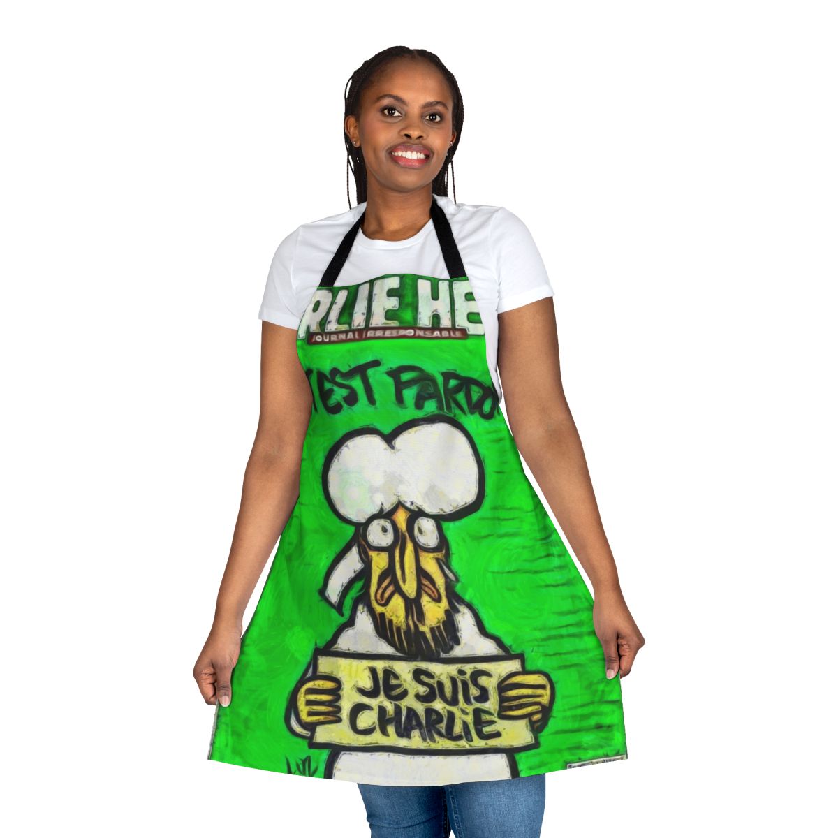 An apron featuring a tribute design for the 2015 Charlie Hebdo terrorist attack in France.