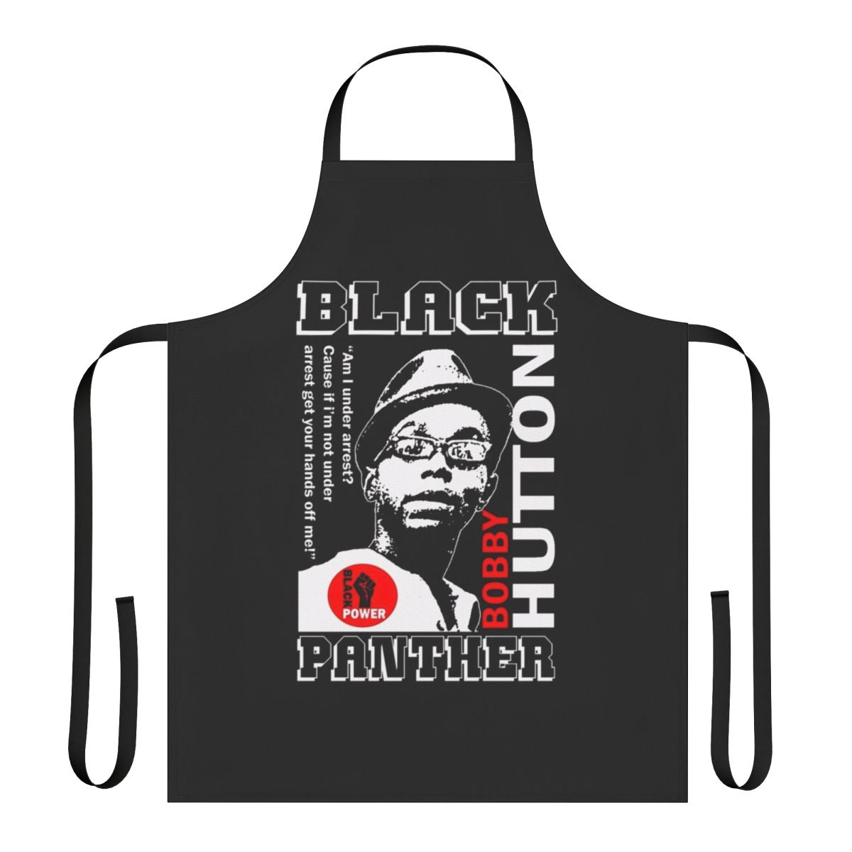 Black Panther-inspired apron featuring an image of Bobby Hutton, a key member of the Black Panther Party