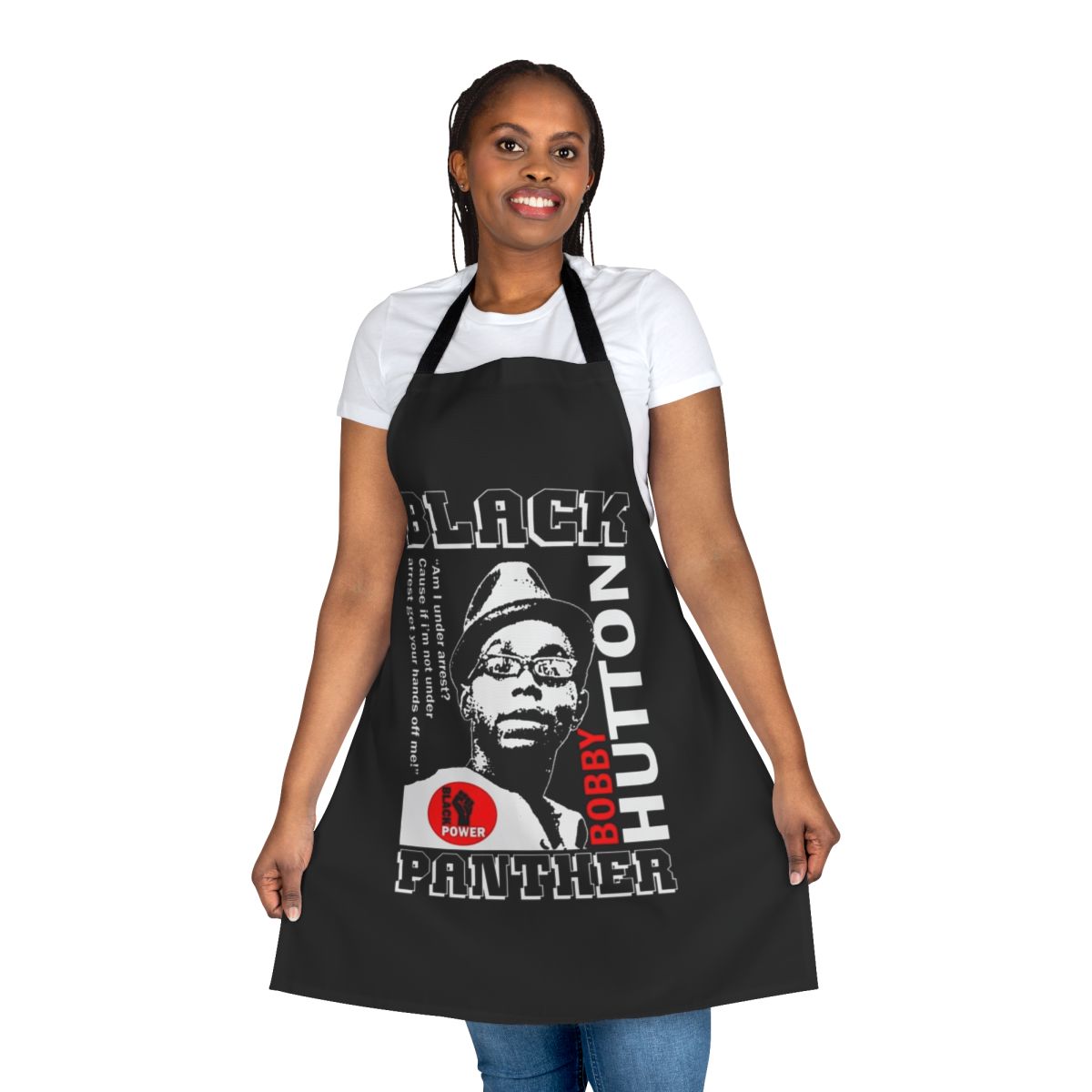 Black Panther-inspired apron featuring an image of Bobby Hutton, a key member of the Black Panther Party
