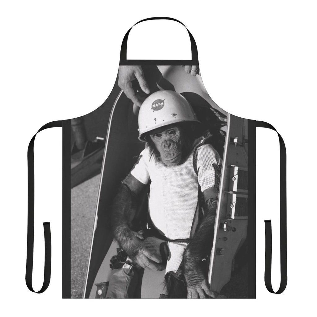 Commemorative apron featuring a chimpanzee astronaut in a space suit