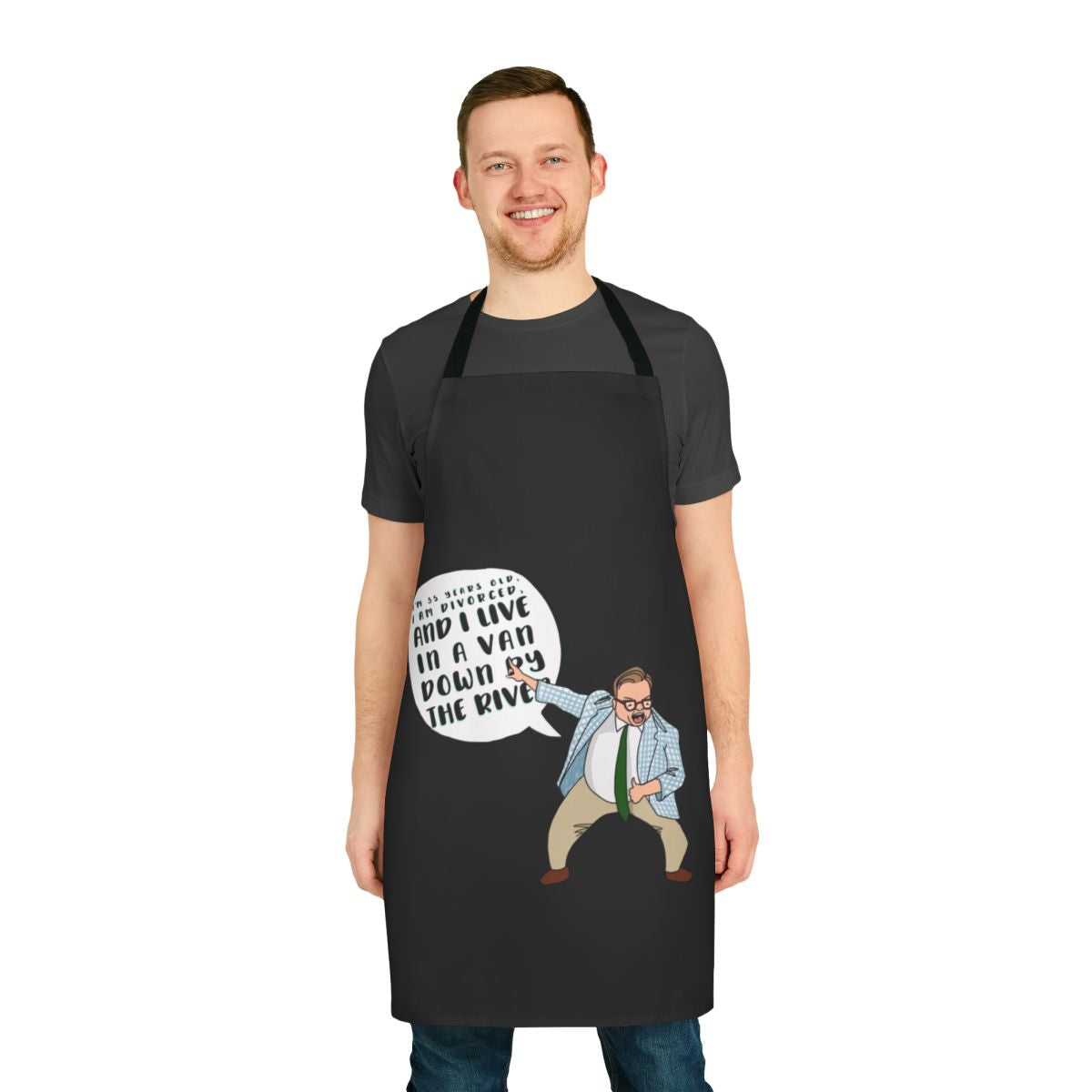 Chris Farley-themed apron with humorous design for kitchen or household use