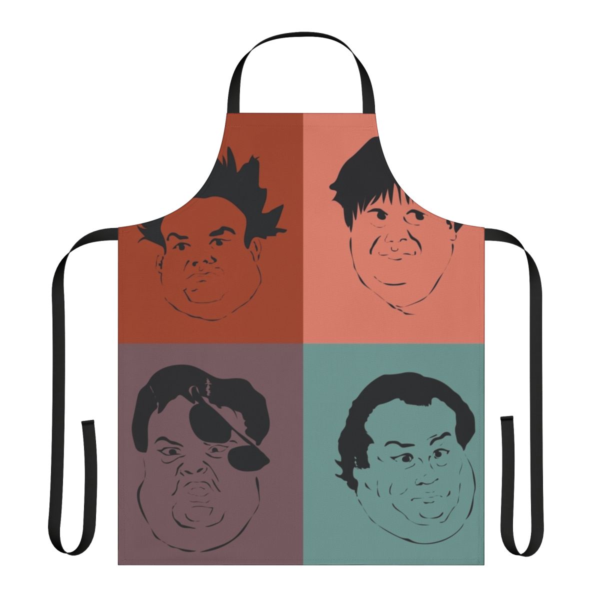 Illustrated Chris Farley design on an apron, showcasing his iconic "Matt Foley" character expression