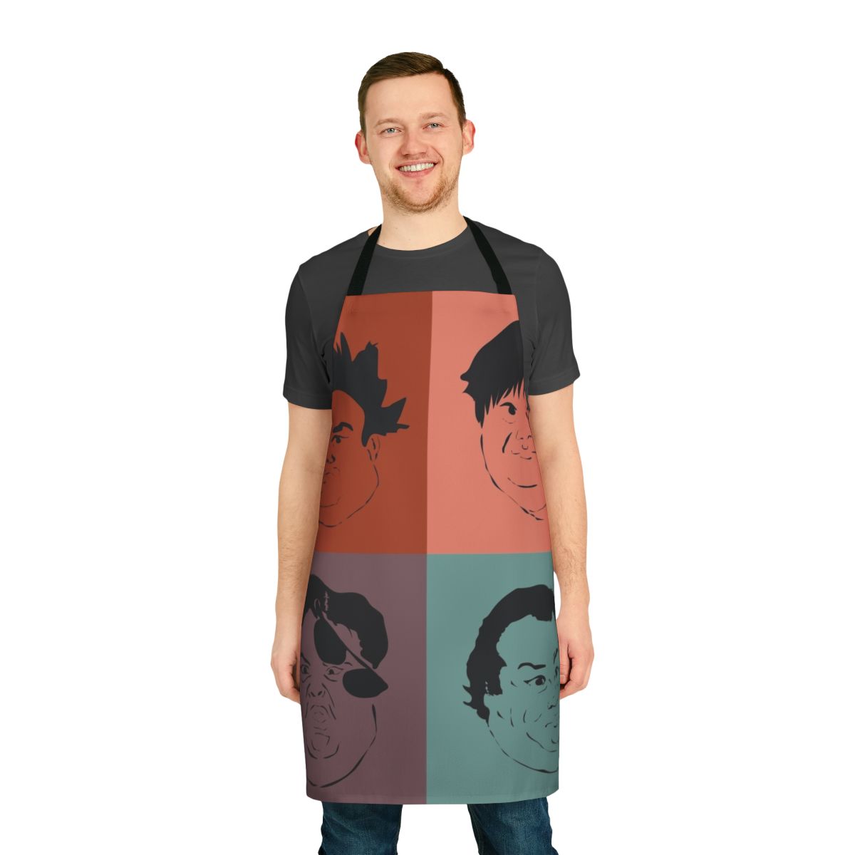 Illustrated Chris Farley design on an apron, showcasing his iconic "Matt Foley" character expression