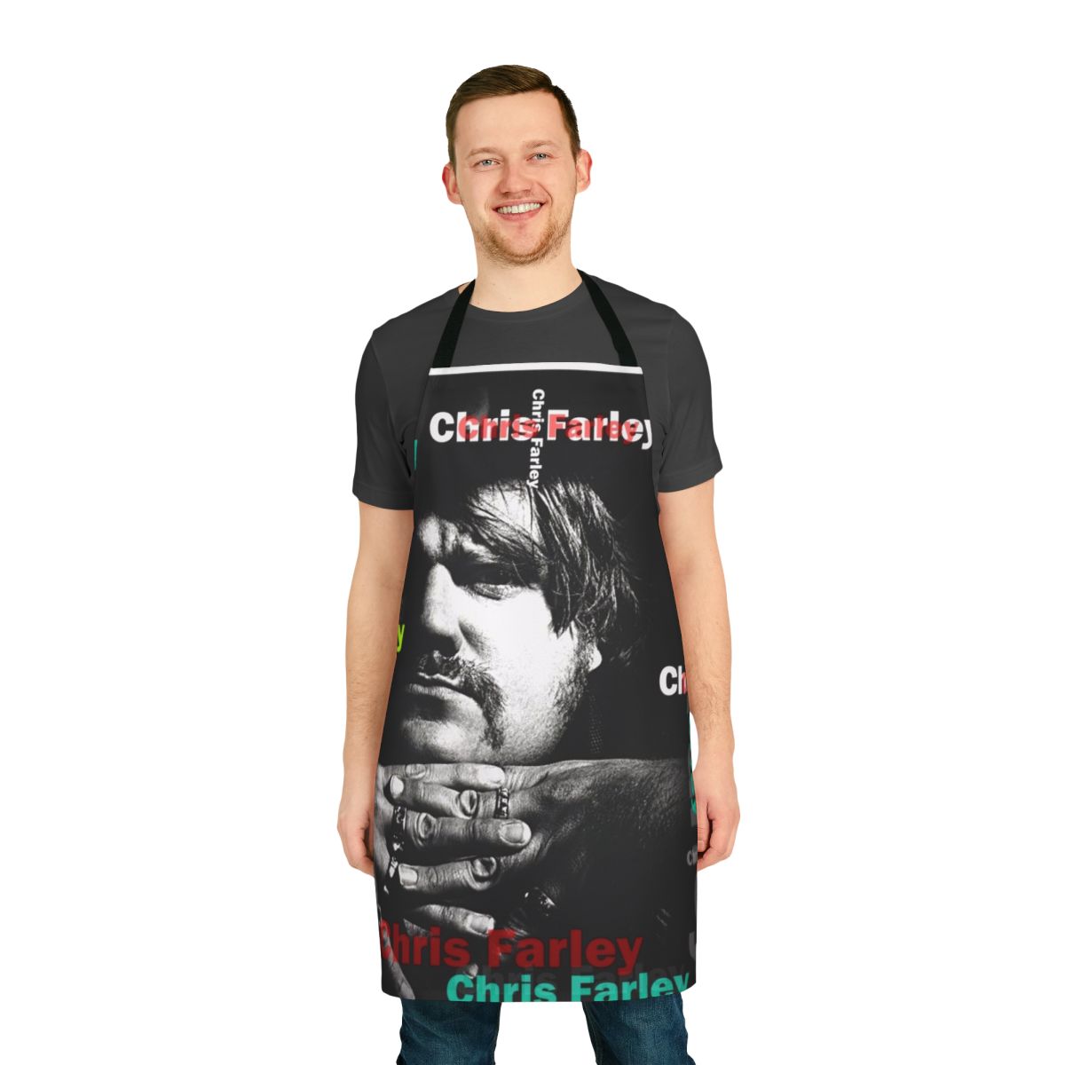 Commemorative Chris Farley inspired apron with "van down by the driver" design