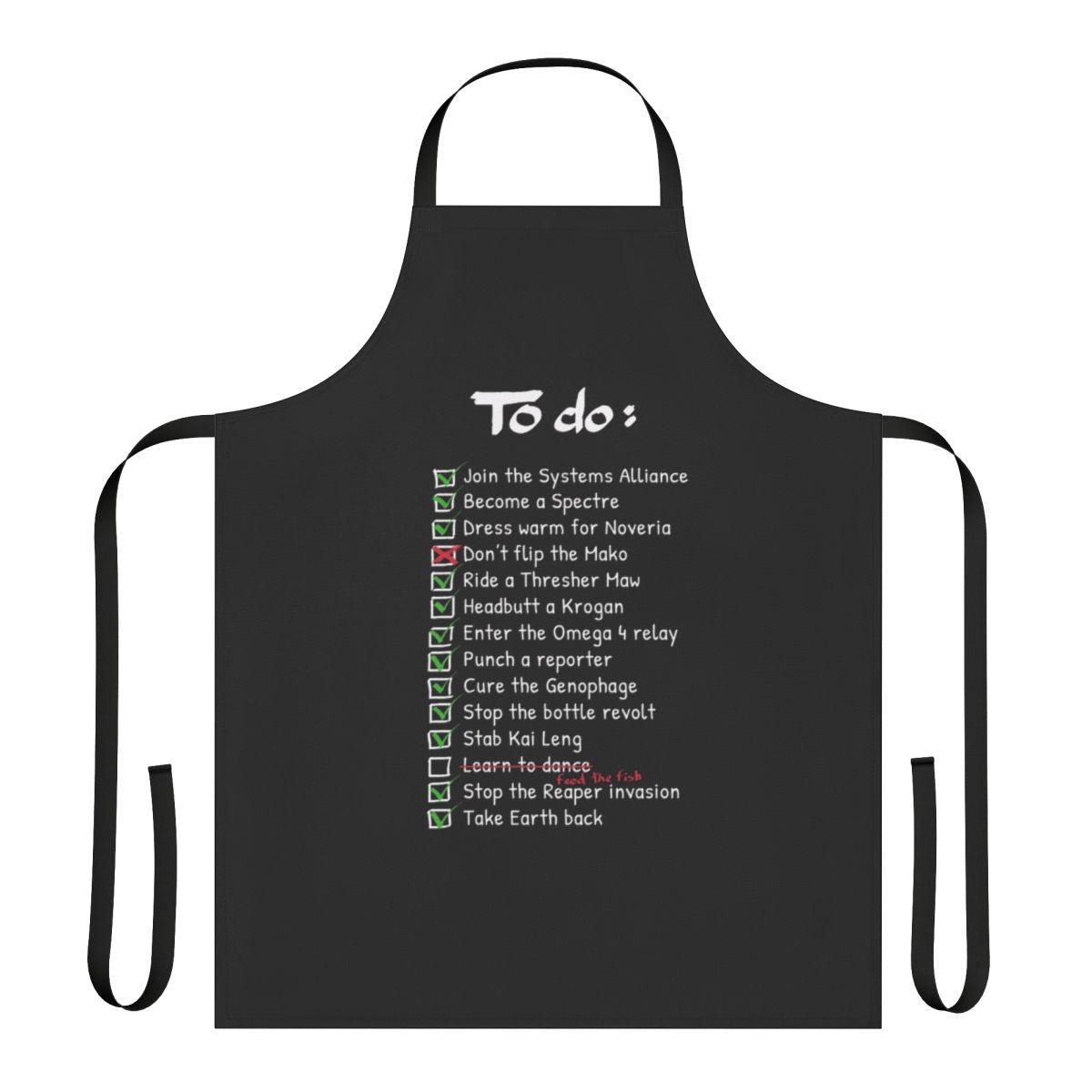 Commander Shepard themed apron featuring a to-do list design, perfect for gaming and pop culture fans.
