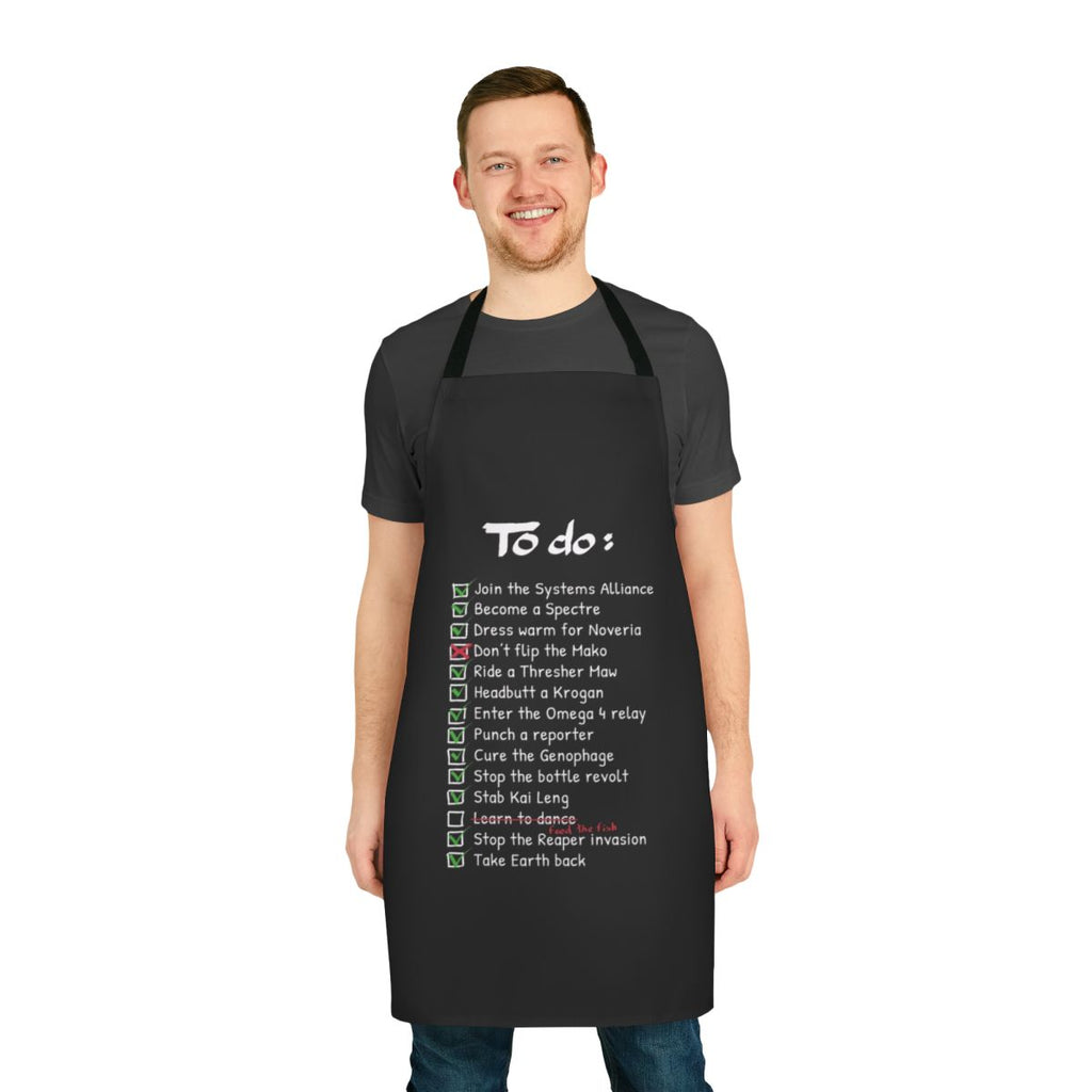 Commander Shepard themed apron featuring a to-do list design, perfect for gaming and pop culture fans.
