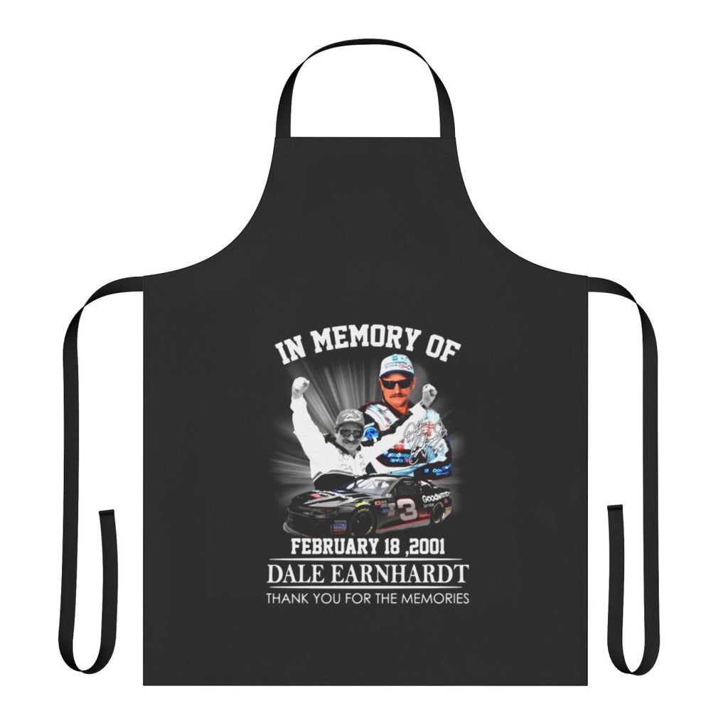 A white apron with a black and white graphic design honoring the memory of NASCAR driver Dale Earnhardt.