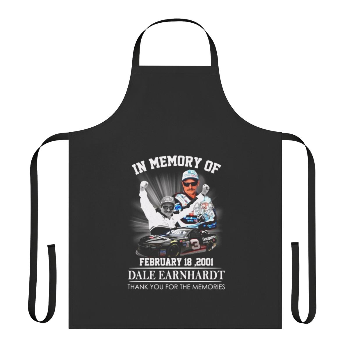 A white apron with a black and white graphic design honoring the memory of NASCAR driver Dale Earnhardt.