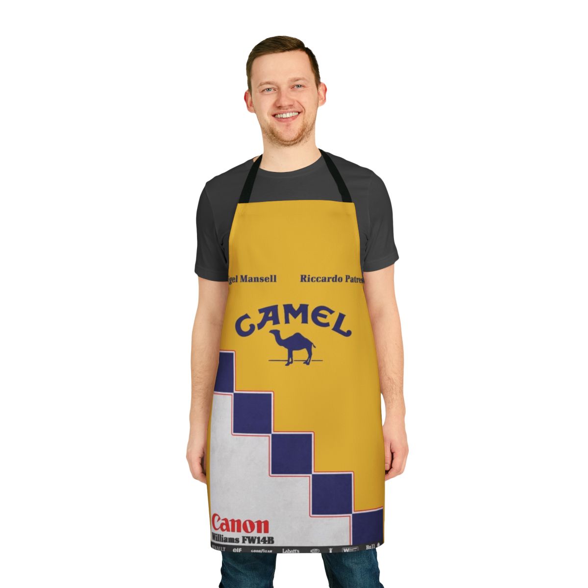 High-quality apron featuring the iconic blue, yellow, and white livery of the 1992 Williams FW14B Formula 1 car