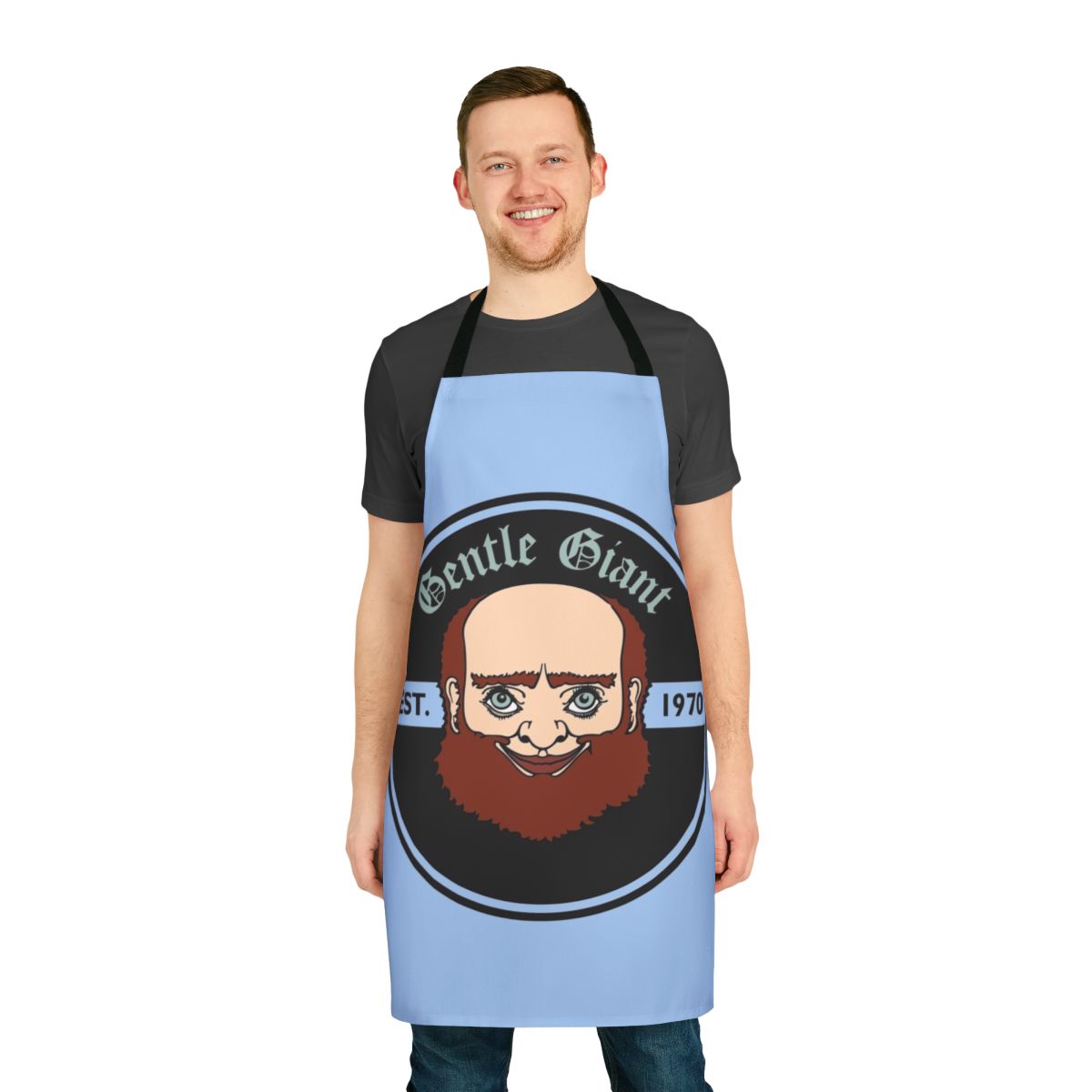 Giant apron with progressive rock band logos and icons