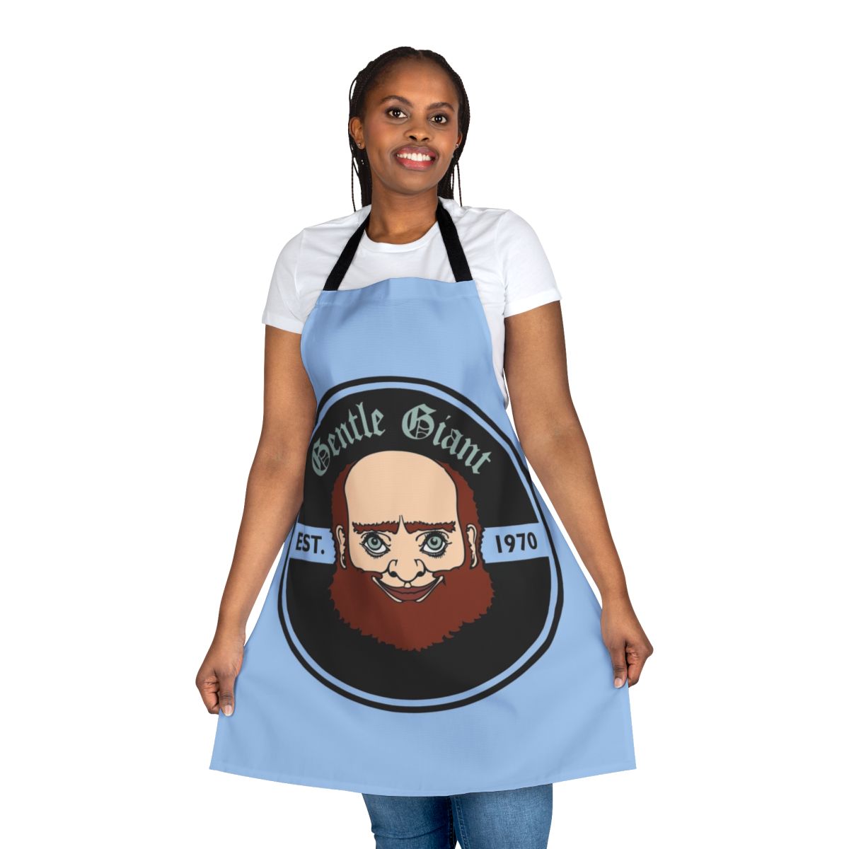 Giant apron with progressive rock band logos and icons