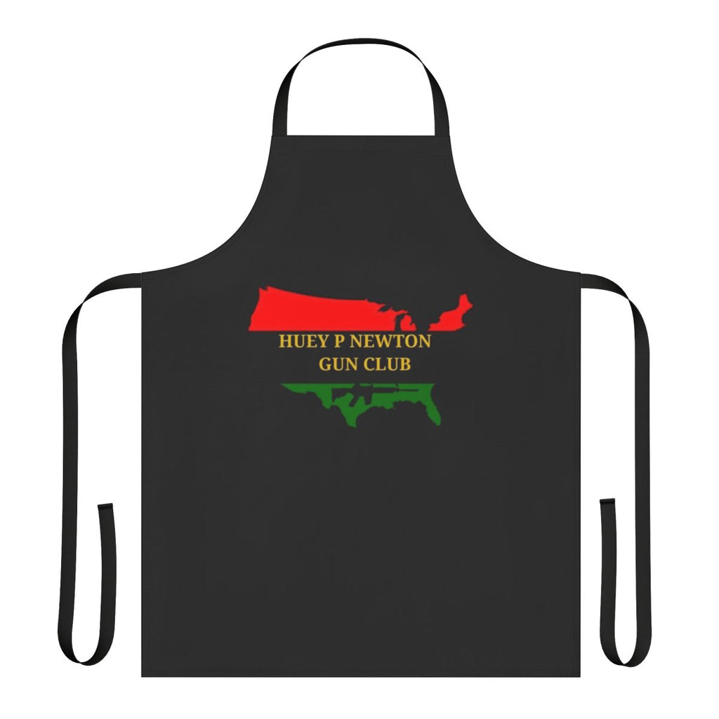 Black and white image of a cooking apron with the Huey P. Newton Gun Club logo