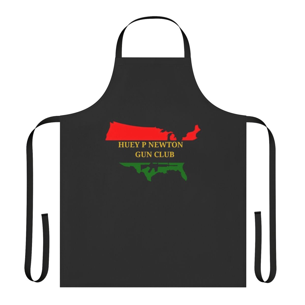 Black and white image of a cooking apron with the Huey P. Newton Gun Club logo