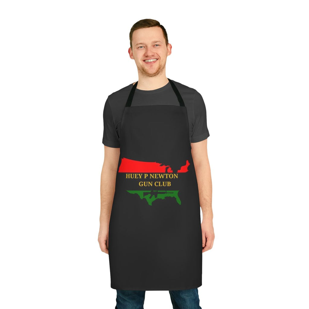 Black and white image of a cooking apron with the Huey P. Newton Gun Club logo